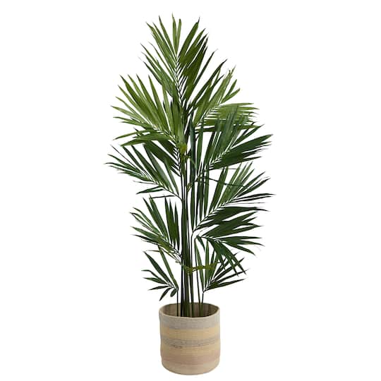 7ft. Kentia Artificial Palm in Handmade Natural Cotton Multicolored Woven Planter